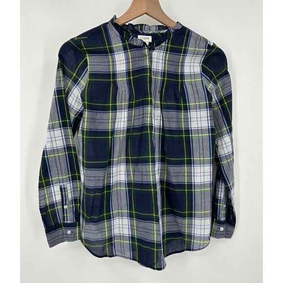 J. Crew Tops - J Crew Pin-Tuck Blouse Women 0 Blue Plaid Button Neck Long Sleeve Lightweight